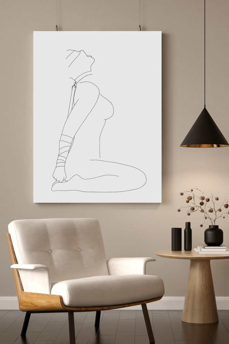Nude Woman Tied Up, Mouth Open Drawing, Fine Line Minimalist Sketch of