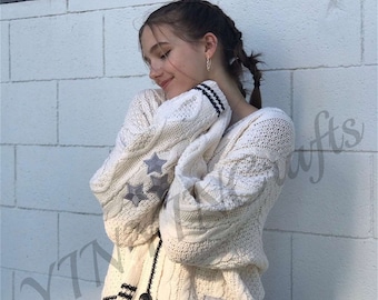 Folklore Cardigan Star Embroidered Swiftie Merch Oversized Botton Up Sweater Holiday Hand Knitted White Sweater Long Sleeve Cardigan,Gifts