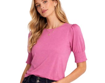 Boden Pink Puff Sleeve Top: Cotton-Modal Blend Smocked Cuff T-Shirt