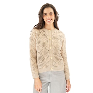 Womens Cardigans Pointelle Knit Tops Long Sleeve Button Through Crew Neck Chic Elegant Outerwear