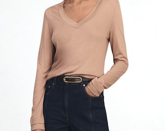 Reiss Camel Beige V-Neck Top: Long Sleeve Viscose Jersey