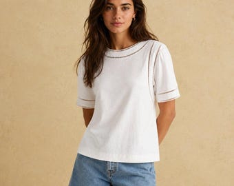 Womens Tops Short Sleeve Joules Sienna White Ladder Trim T-Shirt Cotton