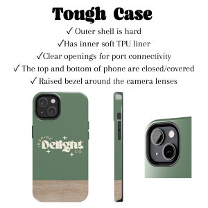 May include: A green phone case with a wood-grain bottom and a white logo that says "Inspire Delight Co.". The case has a raised bezel around the camera lenses.