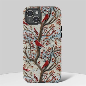 May include: A white phone case with a pattern of red birds and branches with red berries. The case has a raised texture and a black border.