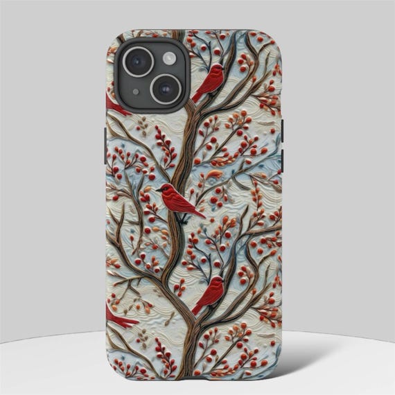 Winter Phone Case, Christmas Aesthetic Phone Cases, Holiday Embroidery Phone Cover, Bird Lover, iPhone 14 Pro Max Magsafe, Samsung, Pixel,