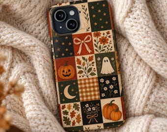 Vintage Fall Phone Case, Halloween Patchwork Case, Ghost Pumpkin Phone Case, Autumn Quilt Case, Cottagecore iPhone Samsung Case