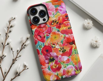 Watercolor Floral Phone Case, Pink Orange iPhone Case, Spring Flowers Aesthetic,  Pretty MagSafe Galaxy and Pixel 8 Pro Case