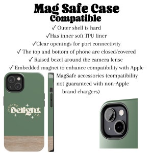 May include: A sage green phone case with a wood grain base and the text Inspire Delight Co. The case features a hard outer shell, soft TPU liner, raised camera bezel, and embedded magnets for MagSafe compatibility with covered top and bottom edges.