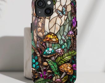 Mushroom Forest Faux Stained Glass Phone Case, Nature Inspired Phone Cover, Cute Fungi Phone Case for iPhone, Samsung, Tough Case, MagSafe,