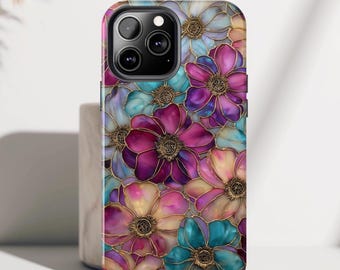 Stained Glass Floral iPhone Case, Metallic Gold Purple Flower Phone Cover, Colorful Iridescent Botanical Case, Luxury Protective Cover