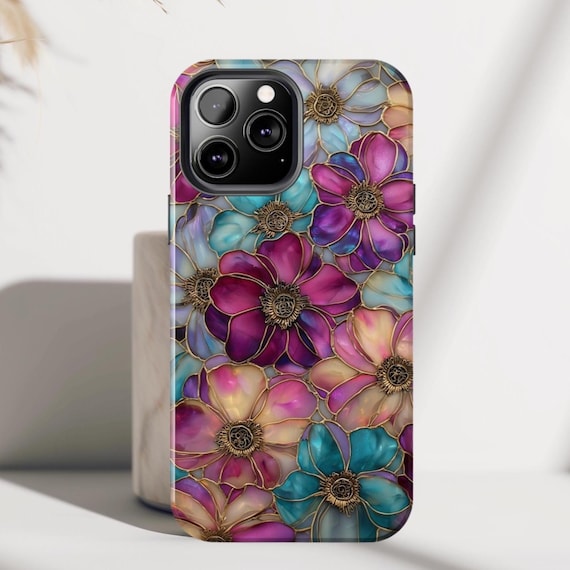 Stained Glass Floral iPhone Case, Metallic Gold Purple Flower Phone Cover, Colorful Iridescent Botanical Case, Luxury Protective Cover