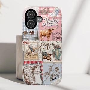 May include: A phone case with a patchwork design featuring rodeo-themed illustrations. The case includes images of a longhorn, cowboy, American flag, cactus, and the word "Rodeo". The color palette includes pink, blue, and brown.