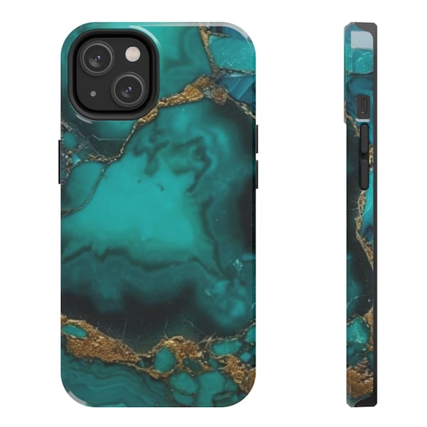 Turquoise Print Phone Case with Marble Stone Design, MagSafe, iPhone 15 14 13 12 Mini Pro Max Plus Galaxy S23 S22 Pixel 7 8, Tough Case,