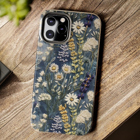 Wildflower Embroidery Phone Case, Cottagecore floral phone cover, Floral Aesthetic Case,  iPhone 15, Samsung, Pixel, MagSafe, Tough Case