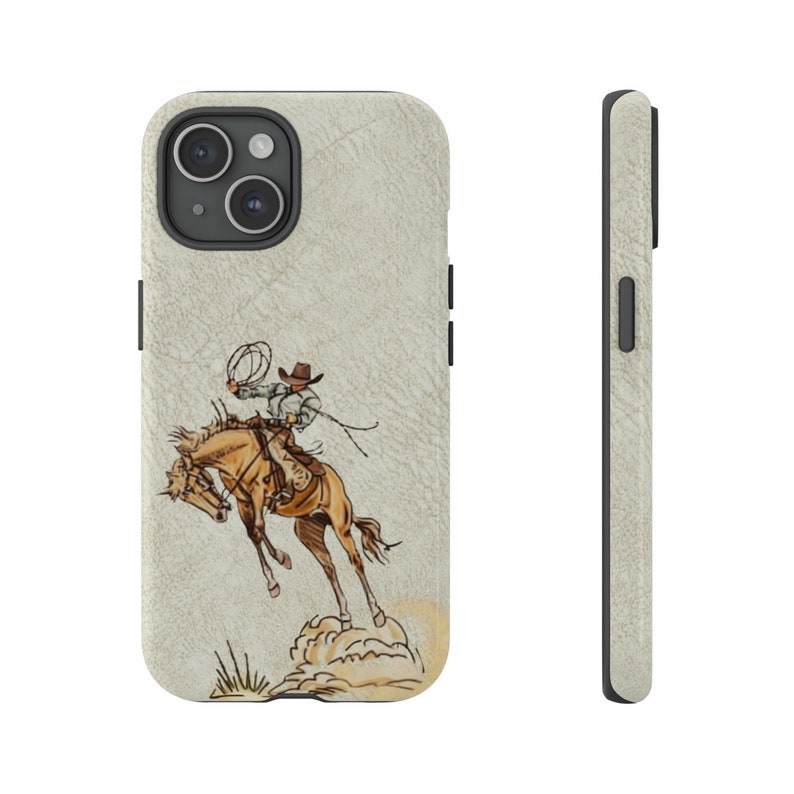 May include: A white phone case with a brown leather texture. The case features a graphic of a cowboy riding a bucking horse.