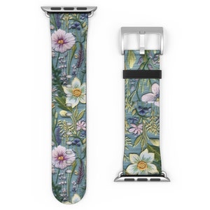 Blue Jean Floral Apple Watch Band Cottagecore Blue Watch Strap Faux Embroidery 41mm 45mm 40mm 38mm 42mm 44mm Series 8 7 6 5 4 SE  iWatch