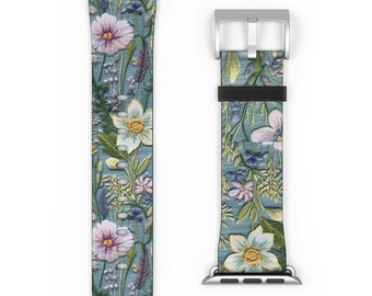 Blue Jean Floral Apple Watch Band Cottagecore Blue Watch Strap Faux Embroidery 41mm 45mm 40mm 38mm 42mm 44mm Series 8 7 6 5 4 SE  iWatch