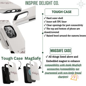 K&ouml;nnte beinhalten: Eine wei&szlig;e Handyh&uuml;lle mit schwarzem Innenfutter, erh&ouml;htem Kamerarand, Aussparungen f&uuml;r Anschl&uuml;sse und einer harten Au&szlig;enschale. Der Text Inspire Delight Co. ist auf der R&uuml;ckseite aufgedruckt. Das Bild zeigt Tough Case und MagSafe.