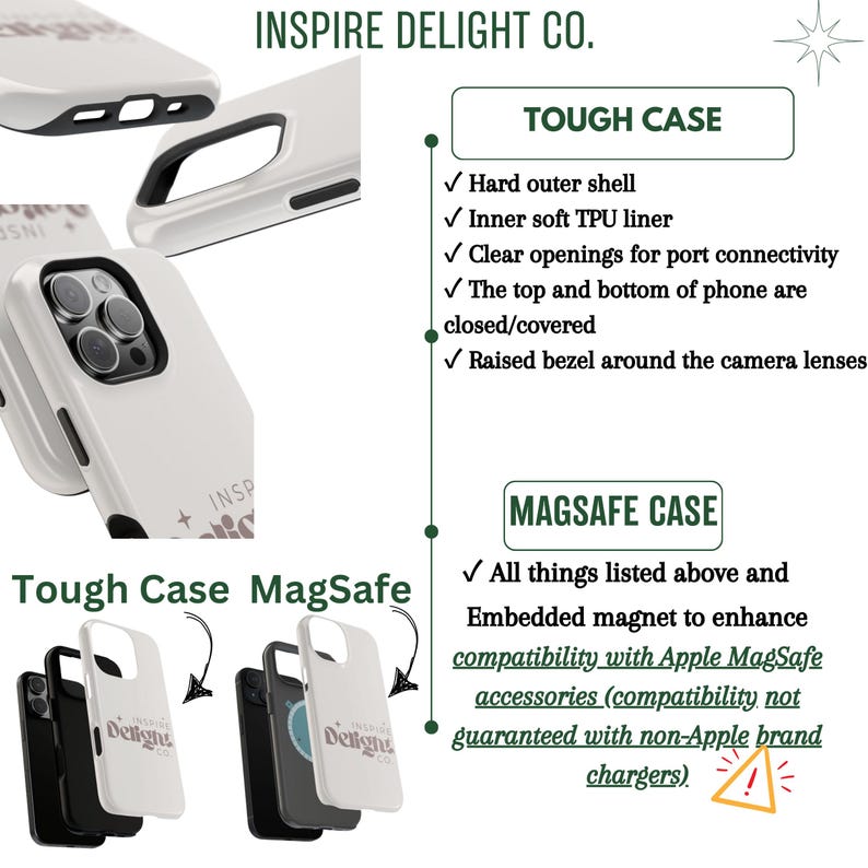 K&ouml;nnte beinhalten: Eine wei&szlig;e Handyh&uuml;lle mit schwarzem Innenfutter, erh&ouml;htem Kamerarand, Aussparungen f&uuml;r Anschl&uuml;sse und einer harten Au&szlig;enschale. Der Text Inspire Delight Co. ist auf der R&uuml;ckseite aufgedruckt. Das Bild zeigt Tough Case und MagSafe.