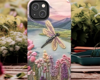 Dragonfly Phone Case, Embroidery phone cover iPhone 15 13 14 Samsung S21 S22 Pixel Faux embroidered Nature inspired phone case Galaxy,