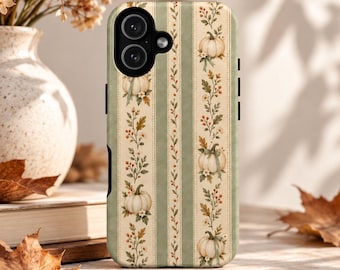 Vintage Fall Phone Case, Sage Green Pumpkin Case, Cottagecore Autumn Phone Case, Neutral Fall Floral Case, Pumpkin iPhone Case