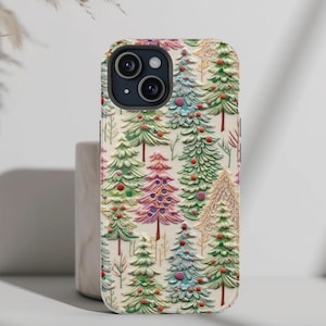 May include: A smartphone case featuring a repeating pattern of stylized Christmas trees in shades of green, pink, and blue against a cream background. The trees are decorated with small, colorful circular ornaments and have brown trunks.