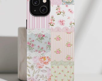 Vintage Floral Coquette Aesthetic Phone Cover, Pink blushing lace Tough Case, MagSafe, iPhone 16 15 14 Pro Max, Samsung Galaxy 25 24 23