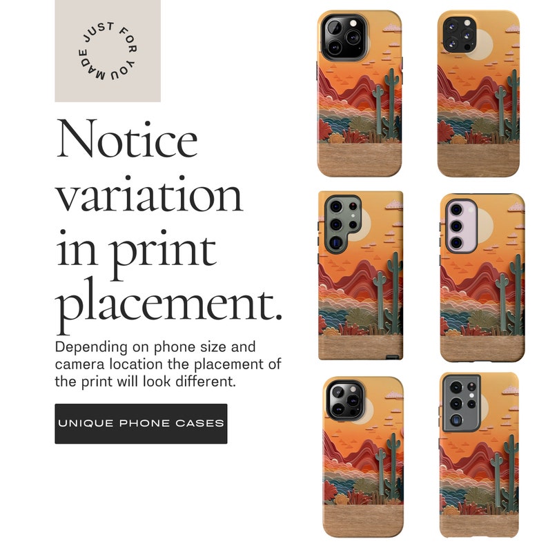 May include: Six different phone cases with a sunset landscape design. The cases are made of wood and have a unique print placement depending on the phone size.