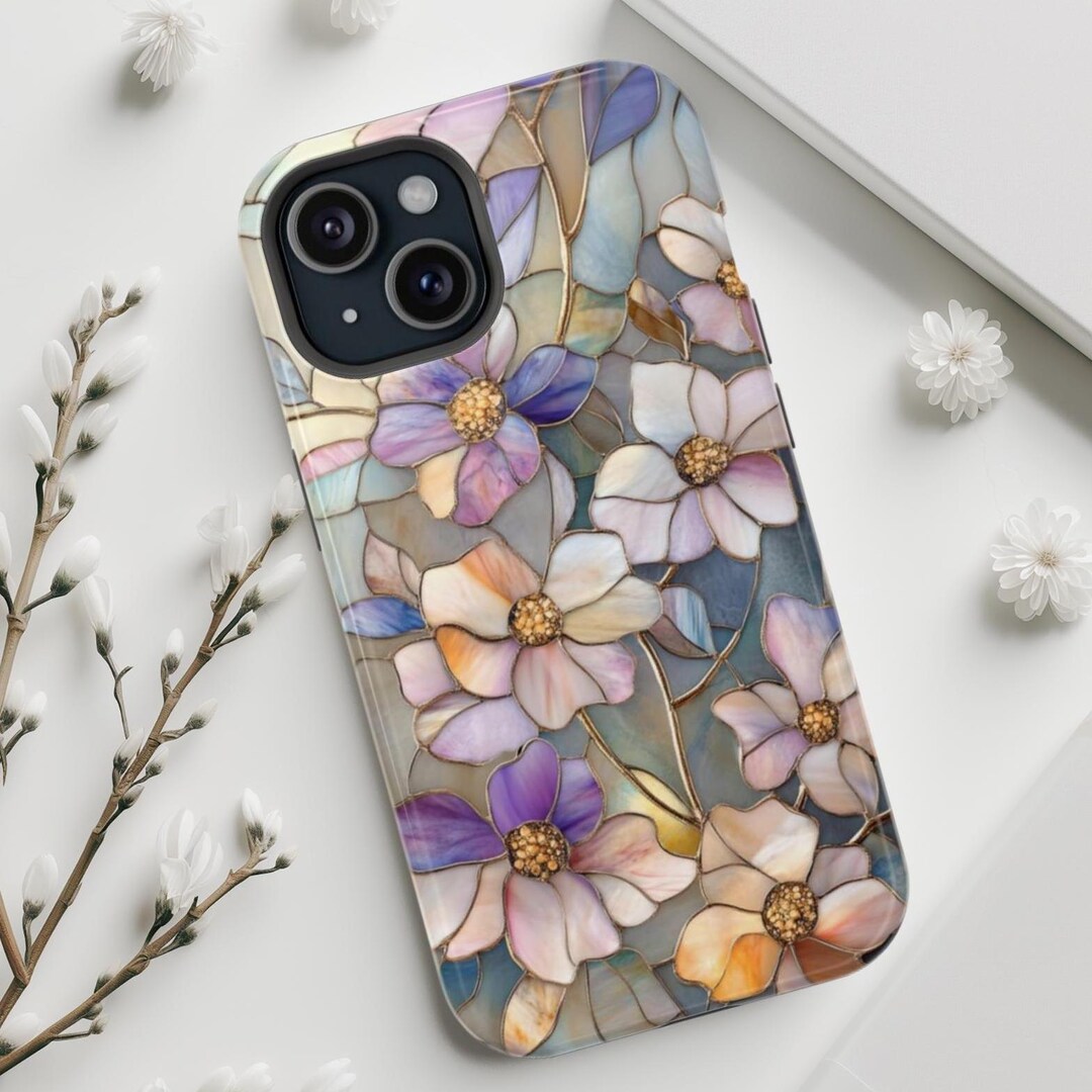 Spring Phone Cases Simple Floral Faux Stained Glass Phone Case, Spring Flower Cover, Gifts for ...
