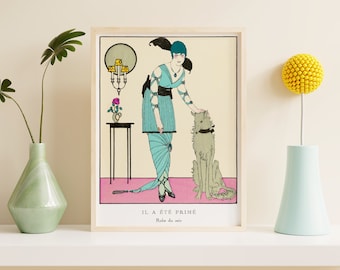 Downloadable Prints | Eclectic French Fashion Print | Flapper Girl with Cute Dog | Colorful Art Deco Print | Printable Wall Art