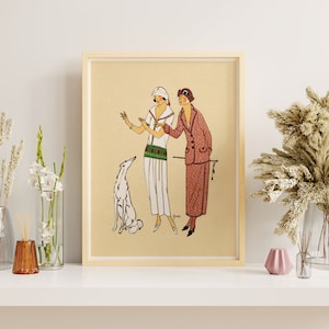 Downloadable Prints | Fashion Sketch | 1920s Flapper Art | Ladies with Cute Dog | Vintage Illustration | Printable Wall Art&gt;