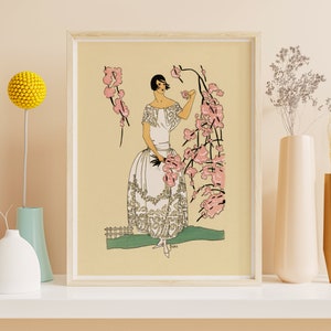 Downloadable Prints | Fashion Sketch | 1920s Flapper Art | Pink Cherry Blossoms | Feminine Wall Art | Printable Wall Art