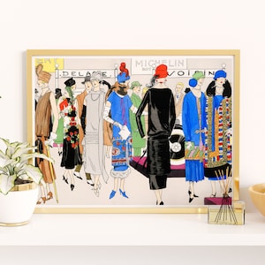 Downloadable Prints | French Fashion Illustration | Colorful Art Deco Print | 1920s Ladies Fashion | Printable Wall Art