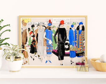 Downloadable Prints | French Fashion Illustration | Colorful Art Deco Print | 1920s Ladies Fashion | Printable Wall Art