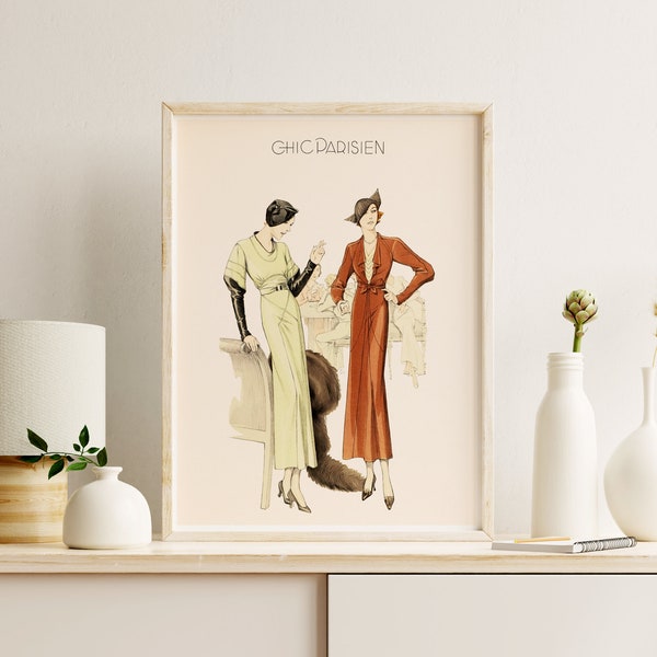 Downloadable Prints | 1930s French Fashion Print | Neutral Wall Art | Art Deco Print | Chic Women Illustration | Printable Wall Art