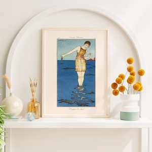 Impresiones descargables / Ilustración de moda francesa / Arte de pared costero azul / Traje de baño de mujer vintage / Impresión de casa de playa / Arte de pared imprimible