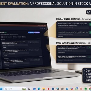 Op de afbeelding: Een laptop met de interface van de Zenith AI Investment Evaluation software. Het scherm toont tools voor data-analyse, met een mechanische betrouwbaarheidsscore-indicator. Een bureaulamp, een koffiekopje en een notitieblok zijn ook zichtbaar.