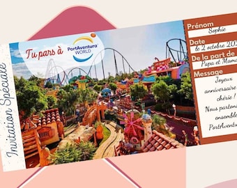Invitación PortAventura para personalizar e imprimir (versiones en francés, inglés, español y alemán)
