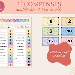 May include: A printable chart with a pink, blue, and yellow colour scheme. The chart is titled "Rewards" and has two columns: "How to earn" and "How to spend". The chart lists various chores and activities with corresponding point values. The image also includes a set of colourful money bills with values of 1, 2, 5, 10, 15, and 20.
