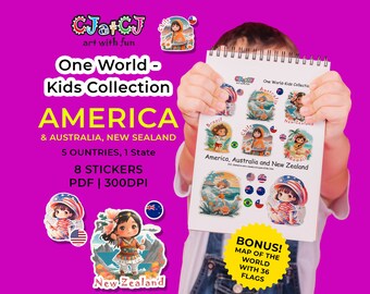 8 Stickers of Adorable kids from America  - with Flags, Traditional Outfits, Learn while you Stick | One World - Kids Collection!