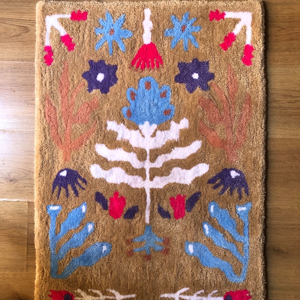 Tapis tufté à la main motifs fleurs et algues style scandinave