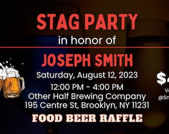 May include: A red and white stag party invitation for Joseph Smith. The invitation includes the date, time, location, and price. The event will be held at Other Half Brewing Company in Brooklyn, New York.