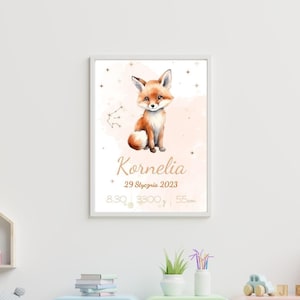 Dierenriem baby geboortestatistieken poster, gepersonaliseerd, aquarel | Aangepaste kinderkamer decor met sterrenbeelden & dieren, Fox, digitale download