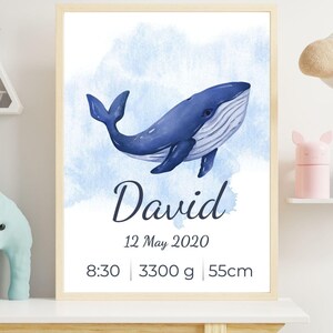 Personalized Birth Stats Poster - Custom Baby Wall Art for Nursery, Underwater world, Whale, Digital Download