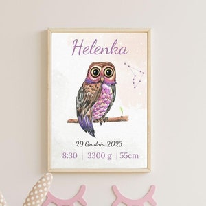 Certificado de nacimiento del bebé, Póster personalizado del nacimiento del bebé| Regalo personalizado para arte de la pared de la guardería, búho, zodíaco, acuarela, descarga digital