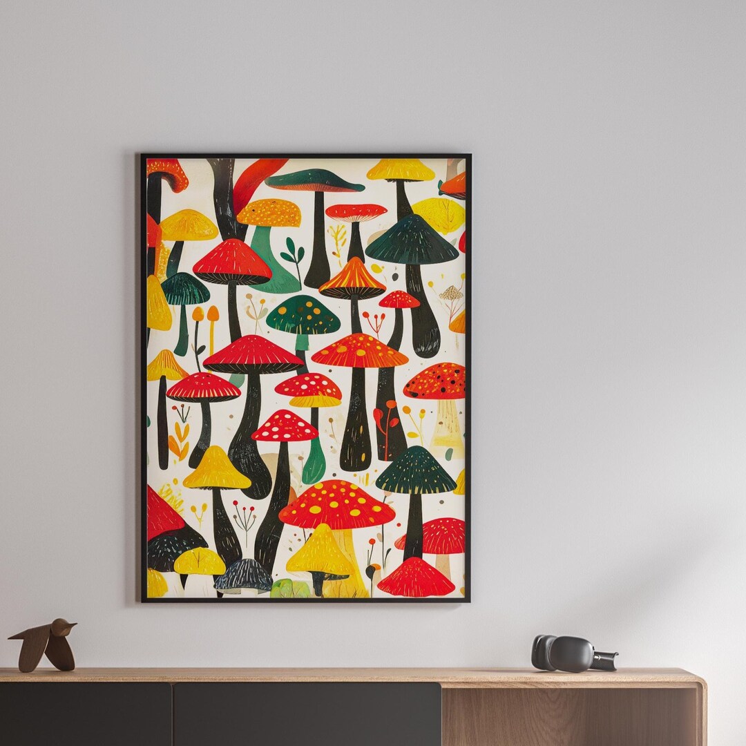 Whimsical Mushroom Forest Art Print | Colorful Fungi Wall Art Poster ...