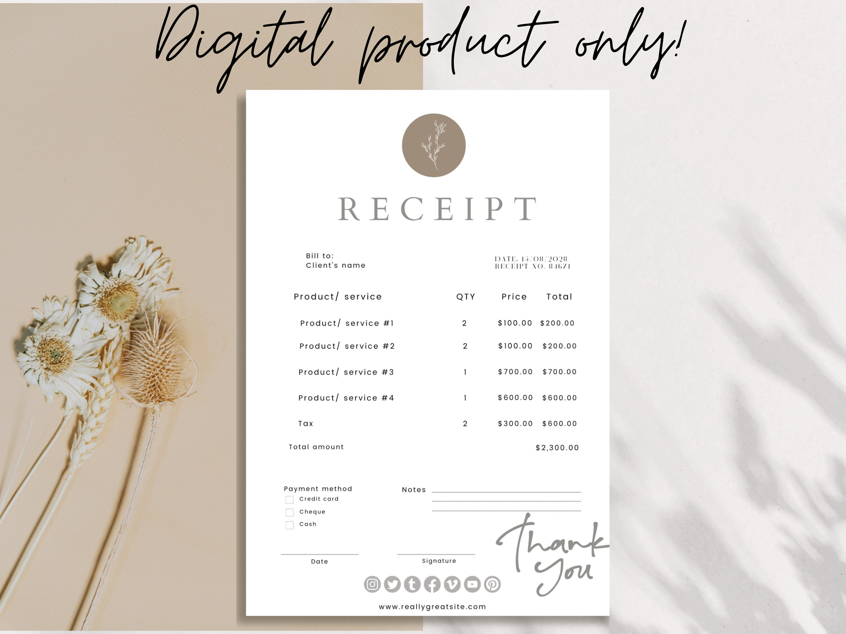 Printable Receipt Template Minimalist Printable Receipt - Etsy Australia