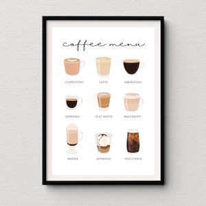 Impressão de menu de café | Impressão de bebidas | Arte de parede de cozinha | Presente para amantes de café | Presente de aniversário | Presente de Natal | Presente para casa nova | Decoração de parede