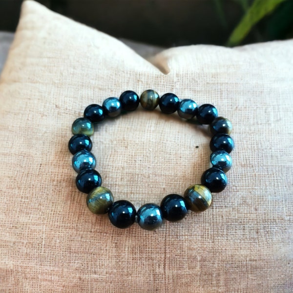 Bracelet Triple Protection : Œil de Tigre, Obsidienne Noire & Hématite – Votre Forteresse Énergétique