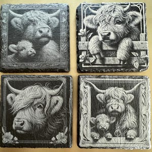 Highland Cow slate coasters set of 4